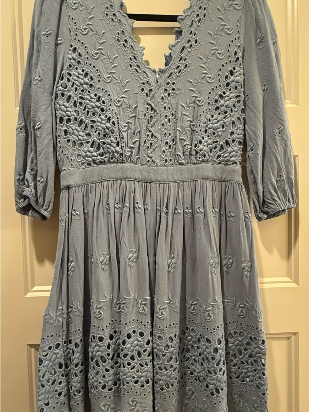 Embroidered V-Neck Midi Dress in Light Blue